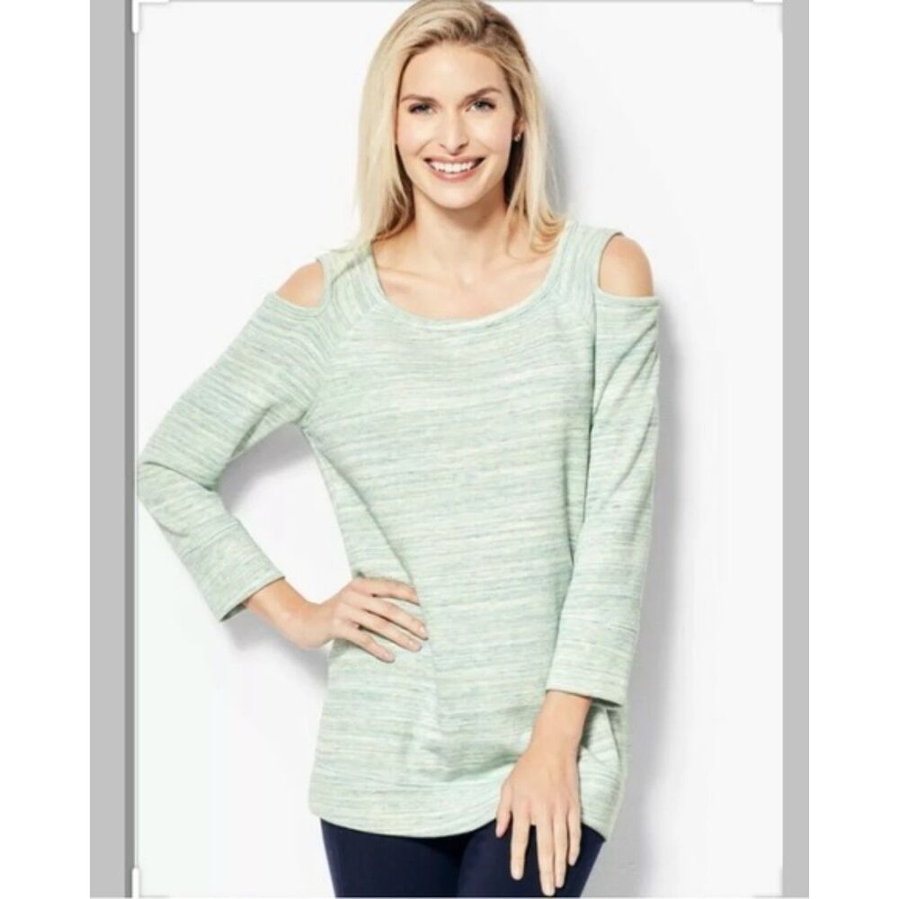 T By TALBOTS Women's Small Space-Dyed Cold Shoulder Sweatshirt 3/4 Sleeve Green